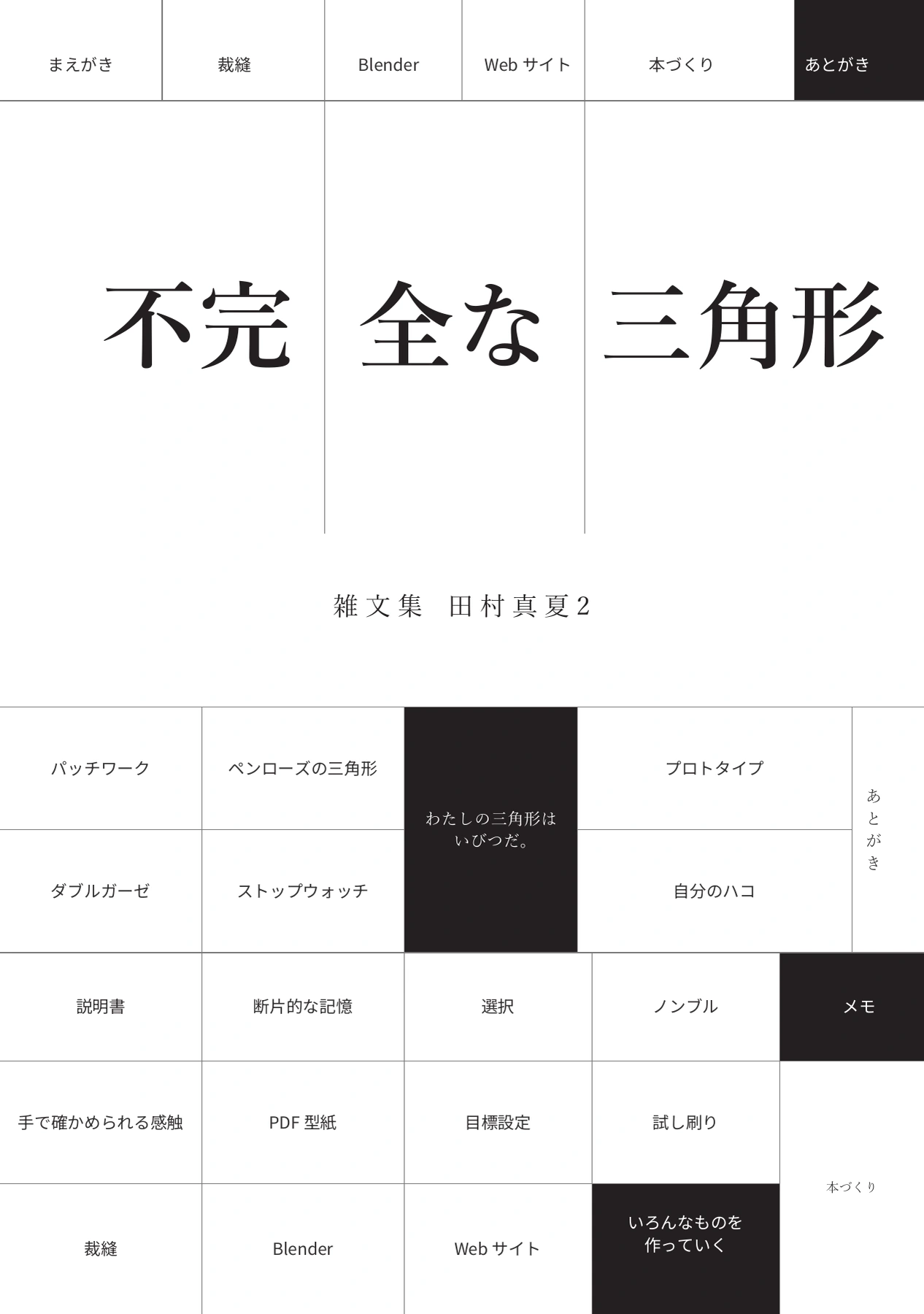 『不完全な三角形―雑文集 田村真夏2』表紙。細い格子と黒セルに、ものづくりの言葉が並ぶ